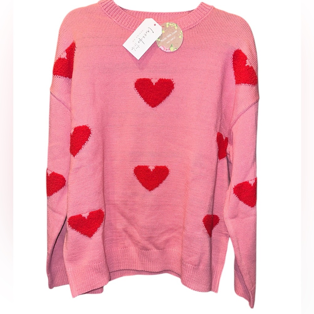 Lavender Tribe πHeart Embroidered Pink Pullover Crew Neck Sweater, NWT, Large - Picture 1 of 3